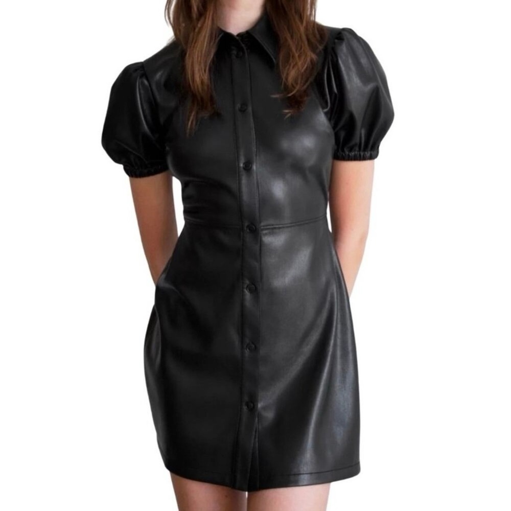 ARITZIA Sunday Best - Faux Leather Button Front Puff Sleeve Mini Dress in Black